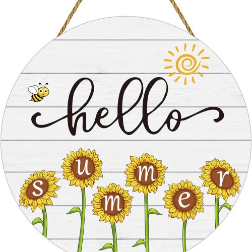 1 Sunflower Decor Summer Decorations for Home Hello Summer Door Decor Sunflower Wreath Wooden Front Door Hanger Hanging Sign for Office Porch Wall Indoor Home Decorations