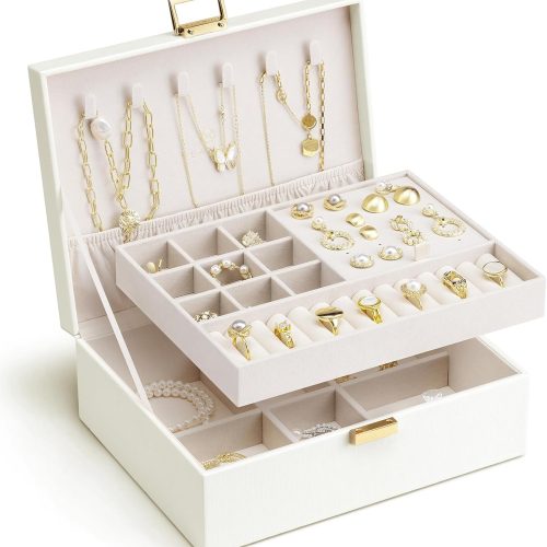 1 VLANDO Jewelry Box for Women, Gift for Women Girls,2 Layer Jewelry Box,Large Jewelry Organizer for Women Removable Jewelery Tray for Necklace Earrings Rings(Cream White)