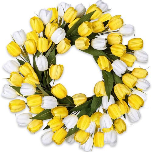 24 Inch Tulip Summer Wreath for Front Door Spring Silk Wreath with Green Leaves Artificial Tulip Flower Wreaths for All Seasons Farmhouse Porch Wall Living Room Home Widding Decor-Yellow