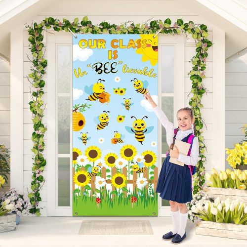 Bee Classroom Door Cover Decoration Our Class ls Un Bee Lievable Summer Door Banner Bees Sunflower Porch Backdrop Sign for Back to School Indoor Outdoor Wall Window Decor