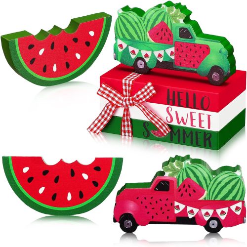 1 Yalikop 5 Pcs Watermelon Decorations for Home, Summer Watermelon Wooden Table Decor, Hello Sweet Summer Tabletop Centerpieces Red Green Wood Truck Sign for House Kitchen Shelf Office Desk Tiered Tray