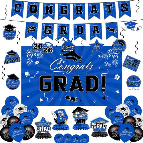 Graduation Decorations 2026 Set - Blue Themed Congrats Grad Banner, Backdrop, Hanging Swirls, Balloons - Complete Party Supplies for High School, College Graduation Decorations