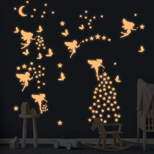1 Glow in The Dark Fairy Wall Decals, Luminous Fairies Stars Wall Stickers for Ceiling, Peel and Stick Butterfly Decoration for Kids Room, Pink