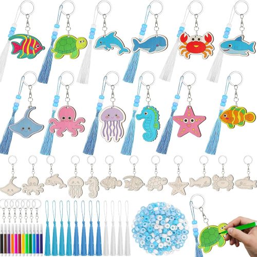1 Cinrobiye 24 Set Under The Sea Party Favors Ocean Animals Keychain Craft Kits Bulk Sea Life Wooden Paint Keychains with Colored Pens Gift for Home School Art Craft Project Birthday Summer Party Favors