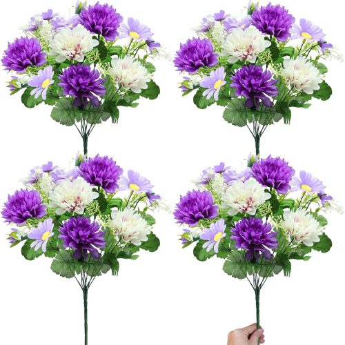 44 Heads Artificial Flowers for Outdoors, 4 Bunches 17 Inch Dahlia Daisies Mum Fake Plants UV Resistant Faux Flowers Bouquet Cemetery Flowers for Grave Outside Indoor Home Spring Summer Decor (Purple)