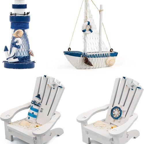 1 JQAQJU 4" Wooden Beach Chair Lighthouse Sailboat, 4pcs Mini Nautical Home Decoration & Beach Ocean Ornament for Summer Bathroom Bedroom Kitchen