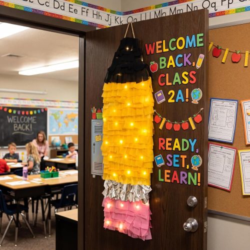 1 Geelin 4.9 ft Classroom Pencil Decor with Light Wall Hanging Fringe Reusable First Day of School Decorations Hanging Streamer Backdrop Classroom Welcome Back to School Supplies