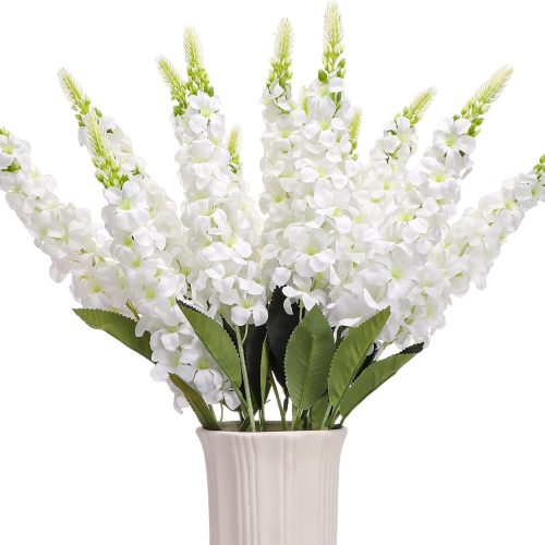 15 Pcs Delphinium Artificial Flowers for Decoration, 27.5 Inch Long Stem Larkspur Fake Flowers White Faux Silk Bouquets for Tall Vase Wedding Home Decor Floral Arrangements(White)