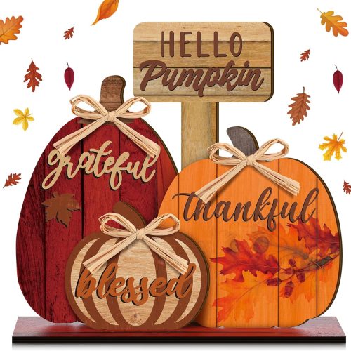 1 Leinuosen Hello Pumpkin Fall Decor Blessed Grateful Thankful Thanksgiving Decor Farmhouse Pumpkin Table Centerpieces Standing Wooden Block Sign for Home Kitchen Decorations(Red, Brown,Orange,Rustic)