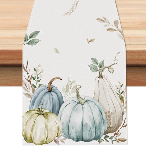 1 Bonhause Fall Pumpkins Eucalyptus Leaves Table Runner, Autumn Thanksgiving Table Decor, Seasonal Fall Table Decoration for Kitchen Home Decor, 13x72 Inch Thanksgiving Table Runner