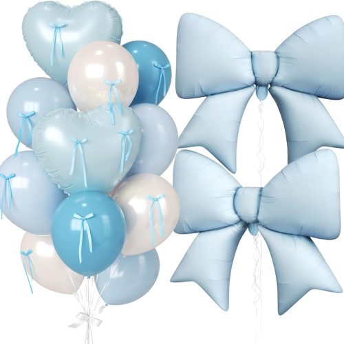 1 Paready Baby Blue Heart Balloon, 38 Inch Bow Balloons, Pearl Sand White Dusty Blue Latex Balloons and Bow Heart Shaped Foil Balloon for Boys Birthday Wedding Bridal Baby Boy Shower Valentine Decor
