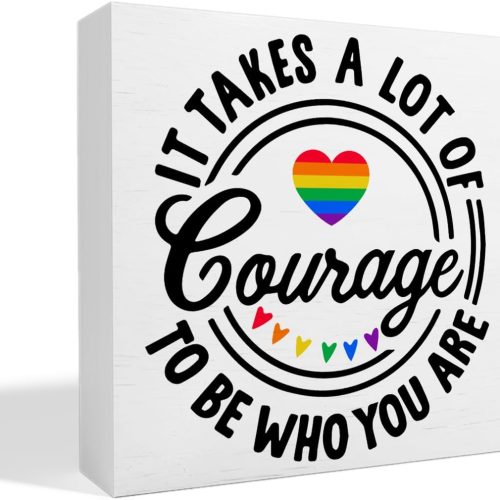 1 LGBT Decor Wooden Box Sign, LGBT Rainbow Pride Desk Decor for Room Home Office, LGBTQ Lesbian Gay Queer Decoration LGBT Pride Month Gifts for Men Women, A Lot of Courage