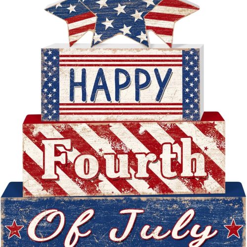 1 Britimes 4 Pcs Patriotic Tiered Tray Decor, Farmhouse 4th of July Table Wooden Sign Rustic Red White Blue Block Stack Decorations for Home Fireplace Mantel Memorial Day (Independence Day Happy)