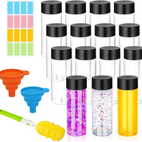DI QIU REN 16 Pack Clear Plastic Bottles Empty Sensory Bottles with Caps – Reusable Juice Bottles Drink Containers Leakproof Water Bottle for Juice Milk (Black Lids, 10 oz / 300 ml)