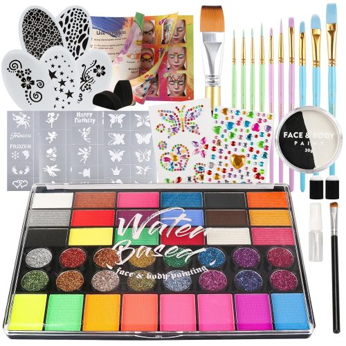 1 Pintada 42 Color Face Painting Kit for Kids - Non Toxic Water Based Face Paint Palette With Black and White Face Paint, Stencils, Brush, Gems. For Carnival, Halloween, Costume Makeup