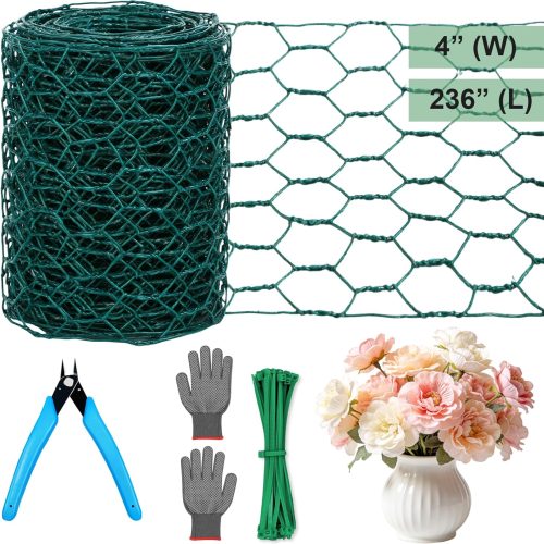 Floral Chicken Mesh for Craft, 4 x 236 Inch Galvanized Hexagonal Netting Roll, Lightweight Garden Poultry Fence for Coop & Rabbit, Metal Mesh Kit with Gloves, Ties and Plier
