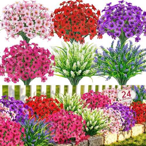 Der Rose 24 Bundles UV Resistant Artificial Flowers for Outdoors Mixed Colors Fake Flowers for Garden Porch Patio Fence Decor