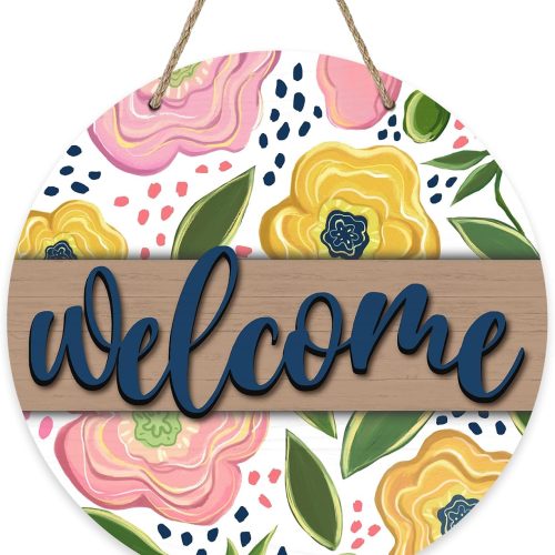 1 Welcome Spring Summer Flower Front Door Sign, Pink Yellow Floral Wood Door Hanger Outdoor Outside Porch Decor, Farmhouse Wooden Wreath Indoor Wall Hanging Decoration