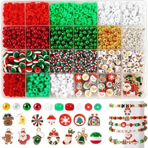 1 UPINS 2100PCS+ Christmas Bracelet Making Kit, Christmas Red Green White Gold Clay Beads for Friendship Jewelry Making Holiday with Xmas Charms
