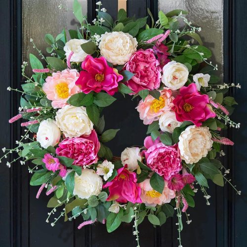 1 24 Inch Spring Wreaths for Front Door Outside,Artificial Silk Peony Rose Magnolia Spring Summer Wreath with Lavender Greenery | Luxury Summer Wreaths for Front Door-Indoor Outdoor Wreath Decor