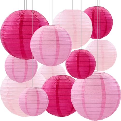 1 Pink Paper Lanterns Party Decorations,12pcs Hanging Paper Lantern for Wedding,Engagement,Bachelorette,Baby Shower,Valentine's Day,Birthday Party