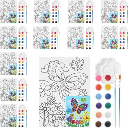 1 Marspark 12 Sets Butterfly Pre Printed Canvas Painting Kit Gift Pre Drawn Canvas Boards Acrylic Painting Strips Brushes Palette Spring Birthday Gift for Party Favor Beginners