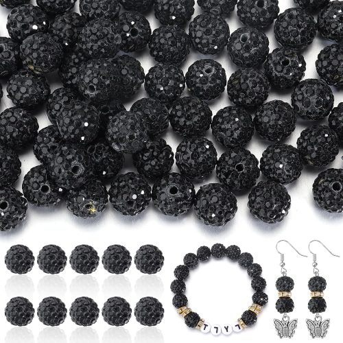 1 100Pcs Rhinestone Beads 10mm for Jewelry Making, Shiny Round Shamballa Disco Beads Bling Sparkle Rhinestone Clay Beads for Necklace Bracelet Earring Making and DIY Decoration(Black)