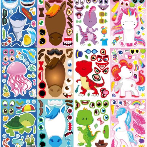 1 24 Sheets Make a Face Stickers for Kids Toddlers, Make Your Own Animal Mix and Match Sticker Sheets with Sea Animals Horses Dinosaurs Unicorns for Kids Crafts Party Favors Goodie Bags Stuffers