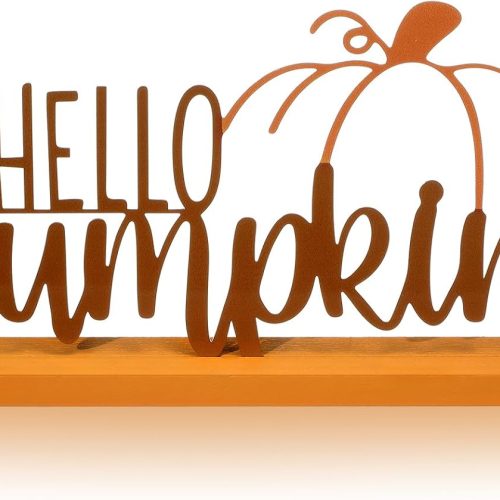 1 Realspring Fall Decorations for Home Hello Pumpkin Metal Sign Fall/thanksgiving Table Decor Rustic Autumn Tabletop Centerpiece with Wood Base for Home Office Mantel Shelf Desk Tiered Tray Decor