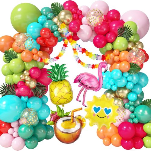 1 170Pcs Flamingo Tropical Balloon Arch Garland Kit, Hot Pink Olive Green Orange Teal Gold Foil Balloons Palm Leaves Hawaiian Leis for Luau Aloha Summer Beach Pool Birthday Baby Shower Party Decorations