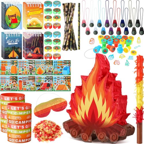 1 Spakon 113 Pcs Outdoor Camping Piñata Camping Birthday Party Supplies Piñata Set 16 Mini Notebook 16 Pencil 16 Keychain 16 Silicone Bracelet 16 Mini Rings 16 Sticker 16 Stamp Party Supplies Gifts