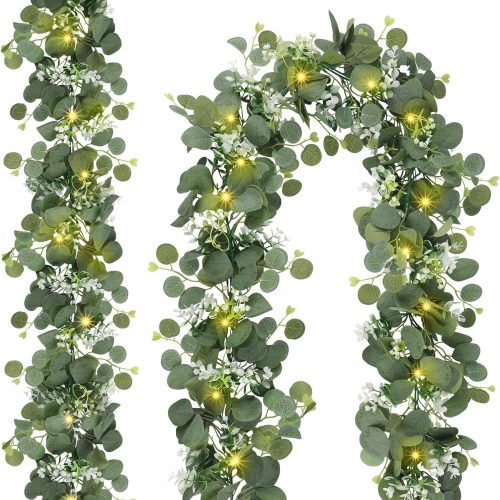 1 N&T NIETING 2 Pack Artificial Eucalyptus Garland with Lights, 6FT Artificial Greenery Summer Garlands, Battery Operated Twig Vine for Room Stairs Mantle Wedding Holiday Decoration Indoor Outdoor