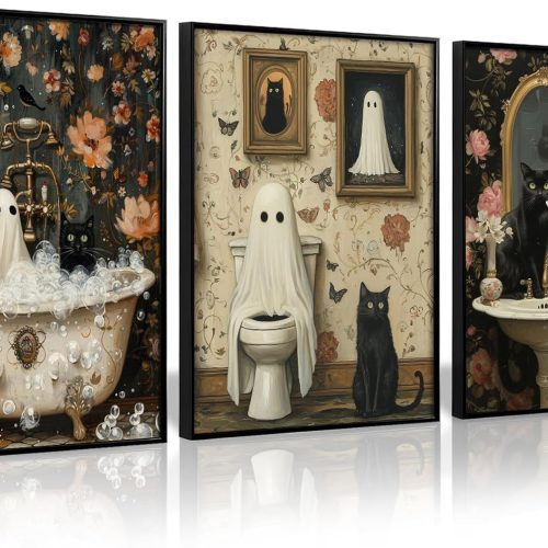 1 Halloween Gothic Wall Art Decor Bathroom Goth Funny Canvas Poster Dark Academia Wall Decor Horror Ghost Pictures Spooky Witchy Prints Cute Black Cat Paintings for Bathroom 8x10x3 Inch Unframed