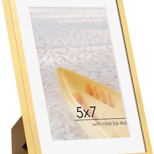 1 5x7 Gold Picture Frame | Metal 5x7 Frame With Mat For 4x6 | 5 x 7 Aluminum Photo Frame | Plexiglass And Hanging Hardware Included | 5 By 7 Picture Frame | Gold