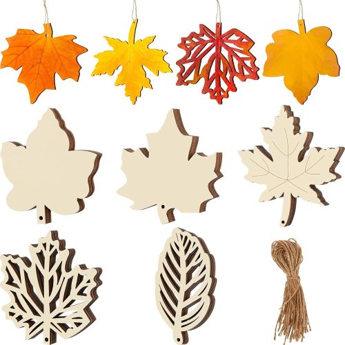 1 30 Pieces Fall Wood Cutouts Unfinished Wooden Leaves for Crafts Fall Blank Maple Leaf Wood Pieces Hanging Ornament with Hole 1 Rope for Thanksgiving Harvest Autumn Party DIY Decoration,5 Style