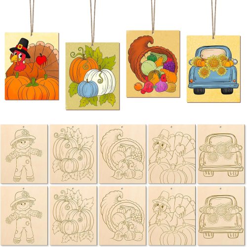 1 COCHIE 10PCS Large Thanksgiving Unfinished Wood Crafts to Paint for Adults, Bulk Predrilled Wooden Ornaments for Painting, Pumpkin Scarecrow Paintable Wood Slices Craft Supplies with Ropes