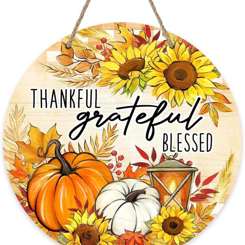 Deroro Thanksgiving Pumpkin Sunflower Front Door Sign, Thankful Grateful Blessed Fall Wood Door Hanger Outdoor Outside Porch Decor, Autumn Buffalo Plaid Wooden Wreath Indoor Wall Hanging Decoration