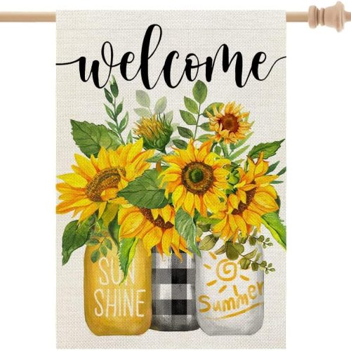 1 CROWNED BEAUTY Summer Sunflower House Flag Mason Jar Double Sided 28x40 Inches Large Burlap Seasonal Welcome Yard Porch Decoration for Outside