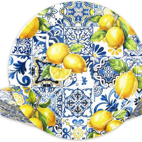 JarThenaAMCS Tiles Lemon Paper Plates Summer Disposable Plates Yellow Citrus Fruit 9 Inch Capri Dessert Plate for Baby Shower Mediterranean Party Supplies Table Decor, 24 Pcs