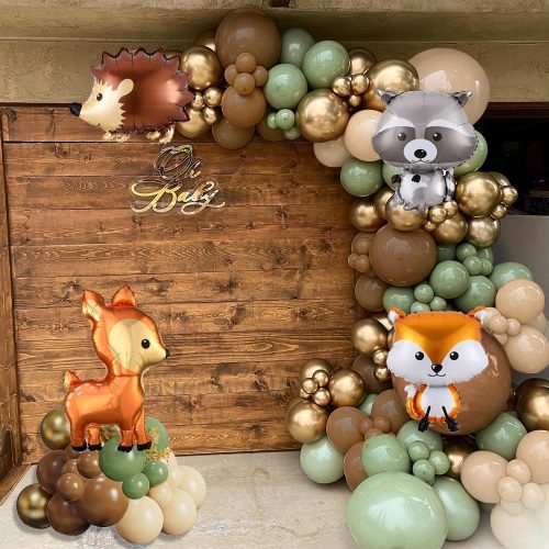 1 Woodland Animals Balloon Garland Arch Kit, 130pcs Woodland Themed Sage Green Brown Balloons Neutral Forest Animal Baby Shower Party Supplies Gender Reveal Oh Baby Jungle Decorations