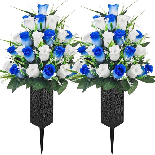 1 Mirevielyn 2-Pack 24-Stem Artificial Rose Cemetery Flowers with Vases | Colorfast silk roses, stain-resistant material, detachable ground spikes, gravesite decor, outdoor cemetery use