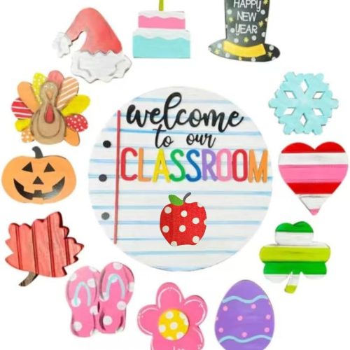 1 Welcome to Classroom Front Door Decoration Sign, Seasonal Door Sign,-12 inch Interchangeable Wooden Plaque for Classroom/Home, DIY Wall Decor for Christmas Holidays & Back-to-School,13 Patterns