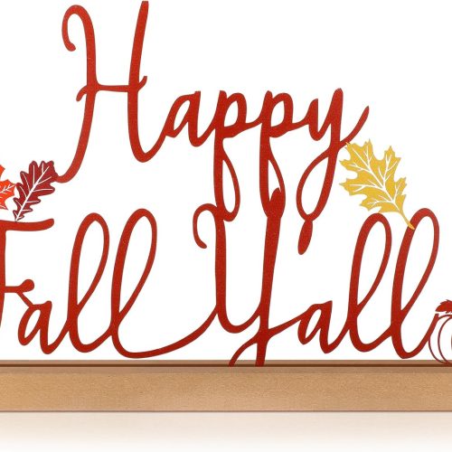1 Yaocom Fall Table Sign Happy Fall Y'all Metal Letter Decor 13.78 Inch Autumn Thanksgiving Freestanding Tabletop Centerpiece Decoration with Wooded Base Cutout Word Sign for Home Mantel Shelf