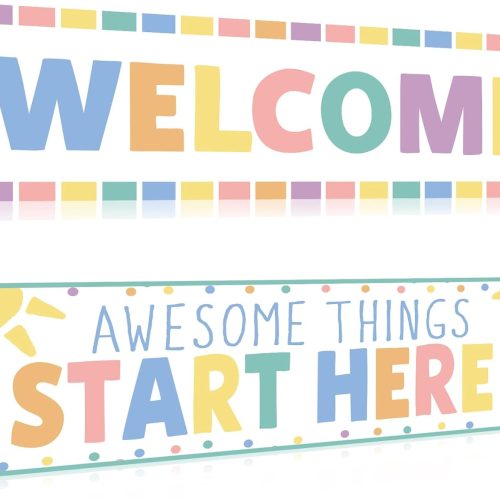 1 Classroom Decorations Pastel Welcome Banner Poster for Teachers Awesome Things Happen Here Motivational Bulletin Board Wall Decor Signs for Pre Elementary Middle School Supplies