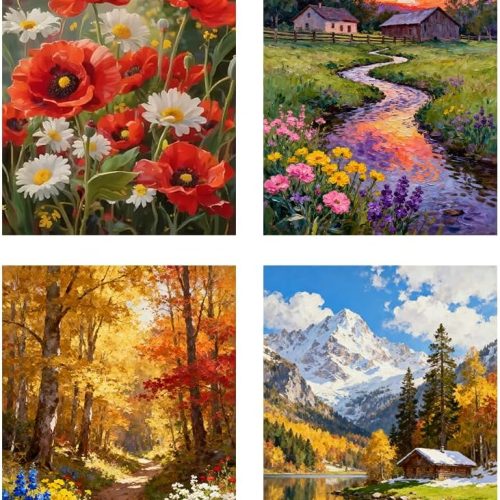 1 4 Pack Landscape Paint by Numbers Kit for Adults Beginner, Flowers Paint by Number, Adult Paint by Number Kits on Canvas, DIY Acrylic Oil Easy Painting by Numbers for Home Wall Decor 12X16 inch