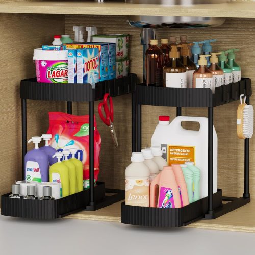 1 Ukeetap Multi-Purpose Pull-Out Storage Organizers, Under Sink/Cabinet Organizers and Storage for Bathroom & Kitchen, Black, 12.8 Inches, 2 Packs