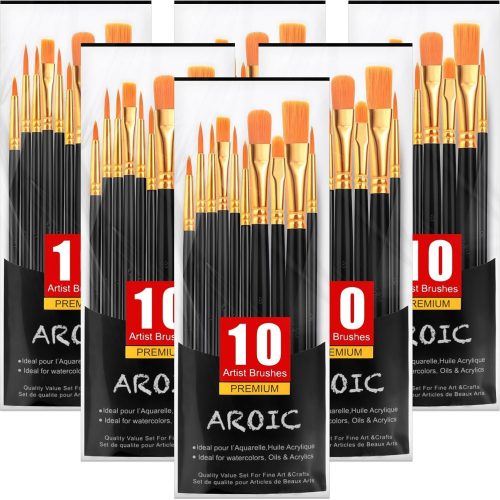 1 AROIC Acrylic Paint Brushes, 6 Packs / 60 pcs Nylon Hair Paint Brush Set for All Purpose Oil Watercolor Painting Artist Professional Kits (Black)