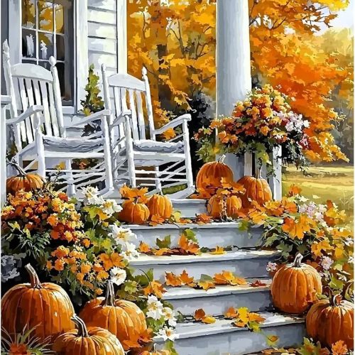 1 SENQAO Autumn Chair Diamond Art Kits for Adults, Fall Pumpkin DIY 5D Diamond Painting Kits Full Drill Diamond Dots Paintings with Diamonds Gem Art and Crafts Home Decor 12x16inch