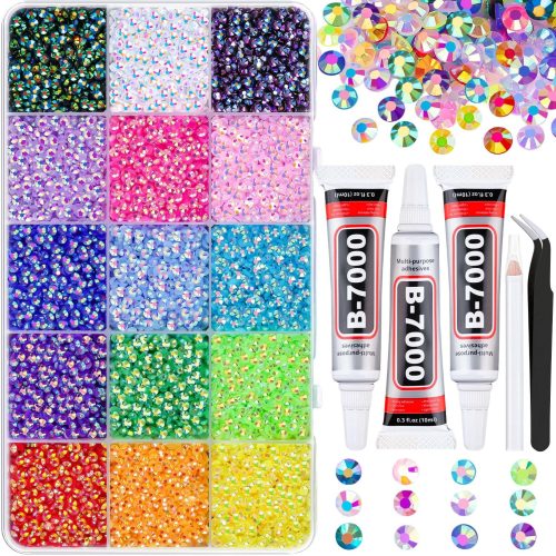 1 18000Pcs Resin Jelly Rhinestones for Bedazzling, Multicolor 3mm Flatback Rainbow Gems, Bedazzler Kit with 3Pcs 10ml B7000 Jewelry Glue for Crafts Crafting Book Shoes Nail Art