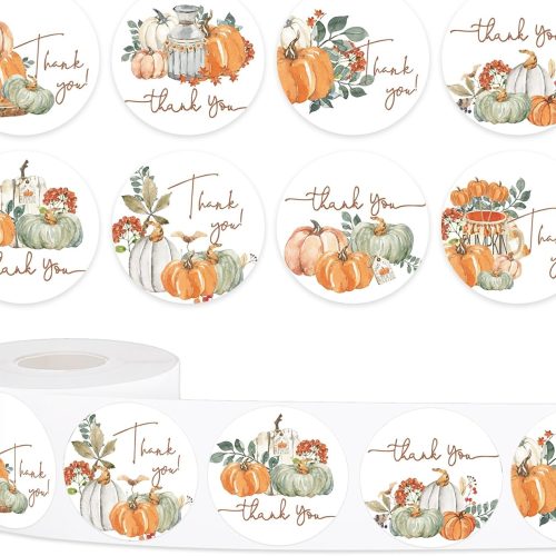 1 JarThenaAMCS 500Pcs Fall Thank You Stickers Watercolor Autumn Pumpkin Decal Roll 8 Design Harvest Thank You Adhesive Sealing Labels for Thanksgiving Wedding Baby Shower